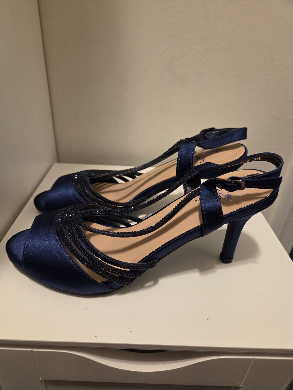 Women's Navy Blue Satin T-Strap Evening Sandals - Picture 3 of 4